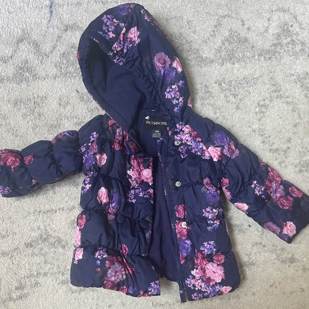 Rothschild Kids Floral Puffer Jacket - Navy, Purple and Pink